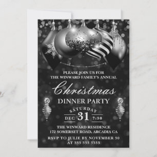 Invitation Décoration de Noël pour dîner de fête Black & Silv