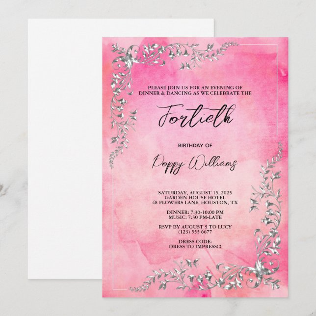 Invitation Décoration gracieuse en argent Aquarelle Anniversa (Devant / Derrière)