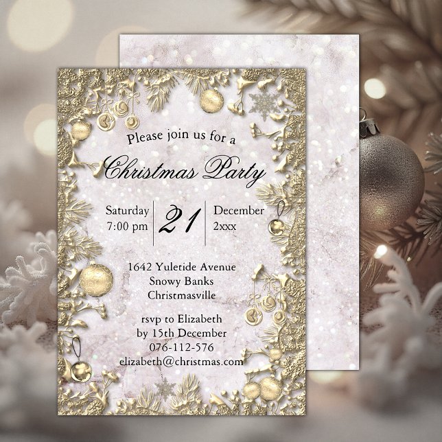 Invitation Décorations dorées élégantes et Noël Parties scint (Elegant Golden Decorations and Glitter Christmas Invitation by the Olde Christmas Shoppe)
