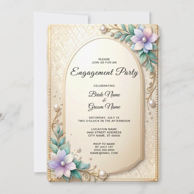 Invitation Decorative Floral Frame with Pearls Engagement (Devant)