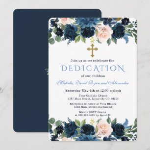 Invitation Dédicace de triplés Navy Blue Rose Floral Or
