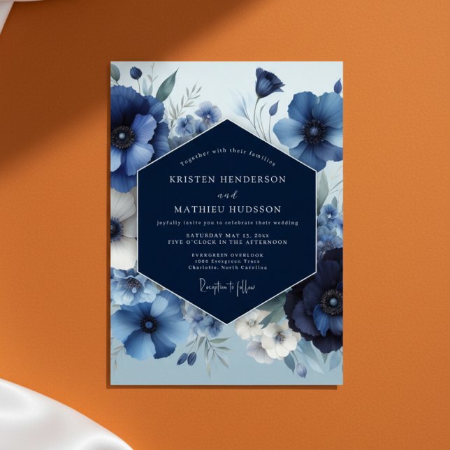 Invitation Deep Blue Bloom Mariage Opulent (Créateur téléchargé)