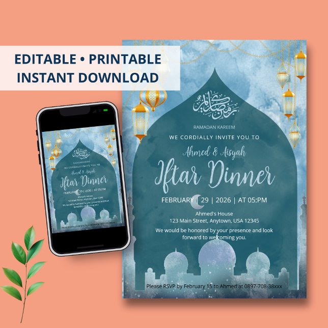 Invitation Deep Blue Night Mosque Silhouette Iftar Dinner (Créateur téléchargé)