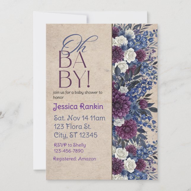Invitation Deep Blue & Purple Floral Baby Shower (Devant)