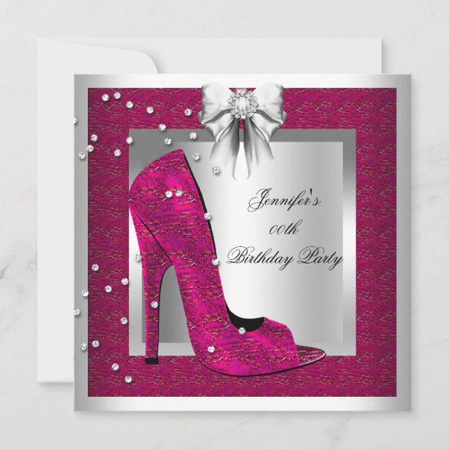 Invitation Deep Pink Silver High Heel Chaussure Anniversaire (Devant)