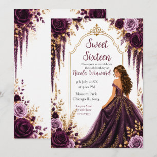 Invitation Deep Plum et Or Fleurs Sweet Sixteen