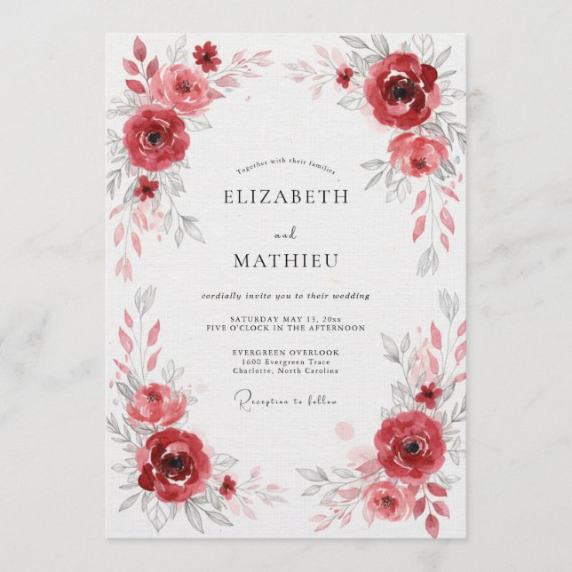 Invitation Deep Red Floral Flourish Wedding (Devant)