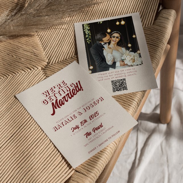 Invitation Deep Red Retro Bold Unique QR Code Photo Wedding (Créateur téléchargé)