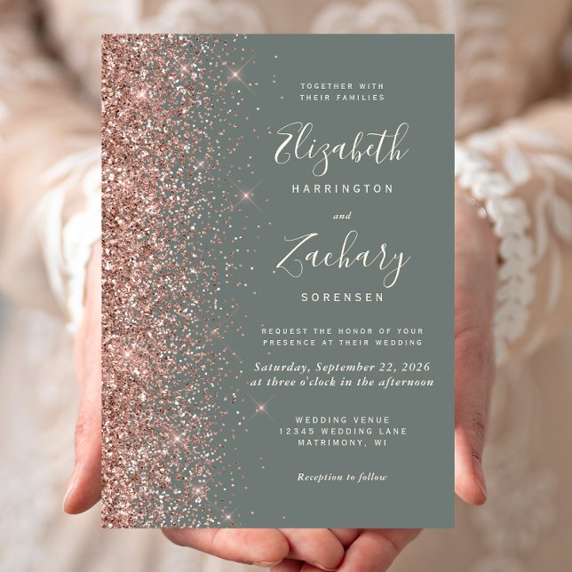 Invitation Deep Sage Green Rose Gold Glitter Wedding (Créateur téléchargé)
