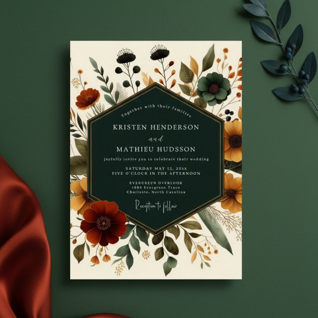 Invitation Deep Teal Autumn Floral Romance Wedding (Créateur téléchargé)