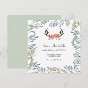 Invitation DEER ANTLER & Green Save The Date, Peach Flower