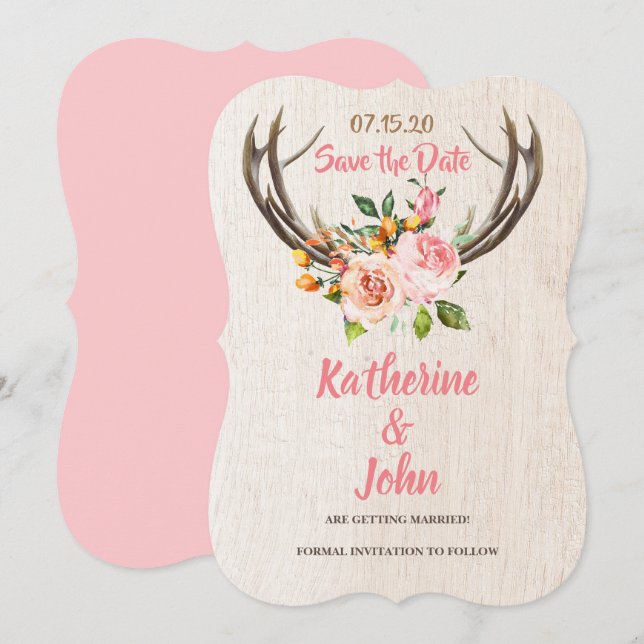 Invitation Deer Antlers Blush Rustic Floral sauvez la date (Devant / Derrière)