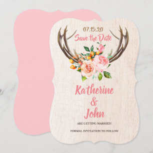 Invitation Deer Antlers Blush Rustic Floral save the date