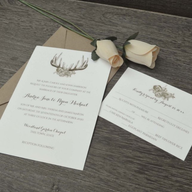 Invitation Deer Antlers Élégant Mariage de bois (Créateur téléchargé)