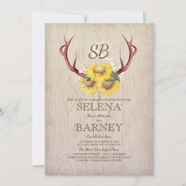 Invitation Deer Antlers et Sunflower Rustic Engagement (Devant)