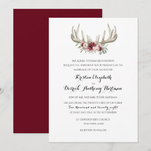 Invitation Deer Antlers Mariage floral Bourgogne