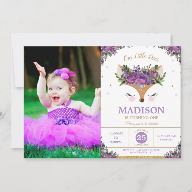Invitation Deer Purple Floral Woodland Anniversaire Photo (Devant)
