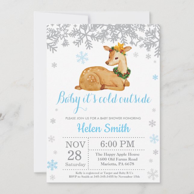 Invitation Deer Winter Blue Boy Baby shower Flocon de neige (Devant)