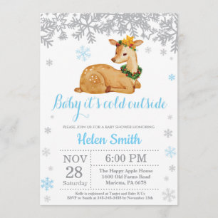 Invitation Deer Winter Blue Boy Baby shower Flocon de neige