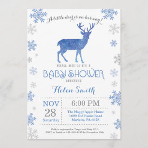 Invitation Deer Winter Blue Boy Baby shower Flocon de neige