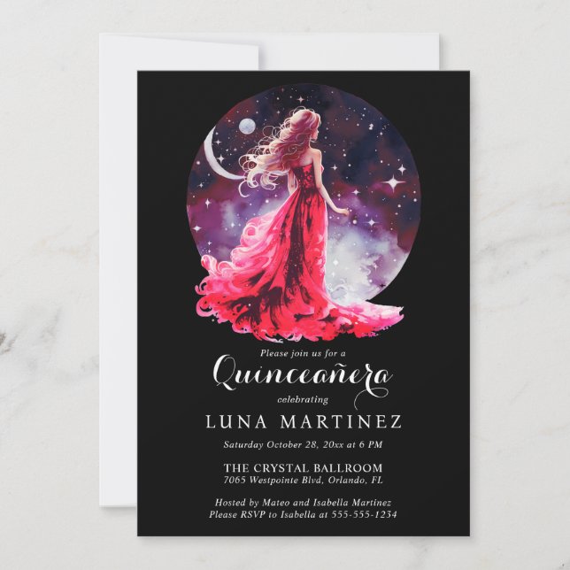 Invitation Déesse céleste Robe rouge Starry Sky Quinceañera (Devant)