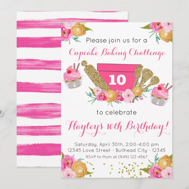 Invitation Défi Pink Floral Cupcake Baking (Devant / Derrière)