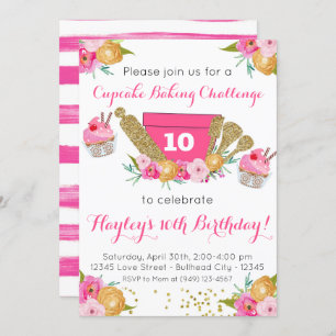 Invitation Défi Pink Floral Cupcake Baking