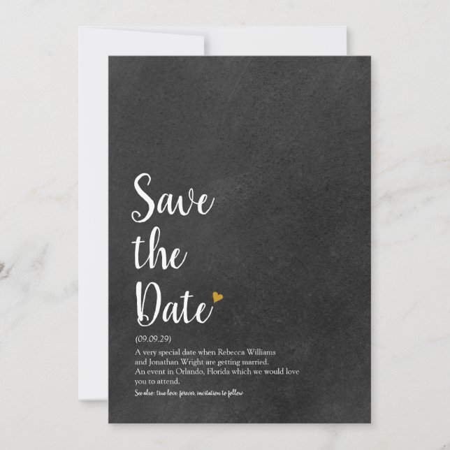 Invitation Définition de Save the Date Script Cœur d'Or (Devant)