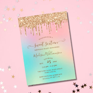 Invitation Dégoulinant d'Or Paillettes & Arc-en-Ciel Douce 16