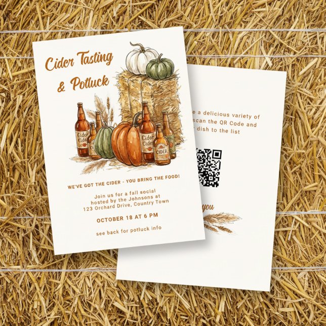 Invitation Dégustation de cidre d'automne et rassemblement au (Rustic Potluck with QR code fall invitation, with cider and pumpkin design by Darling & May)