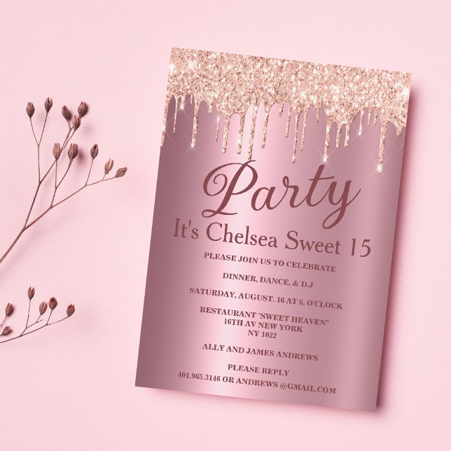 Invitation Dégustations de parties scintillant rose en or ros (Pink gradient rose gold glitter drips Sweet 15 Invitation )