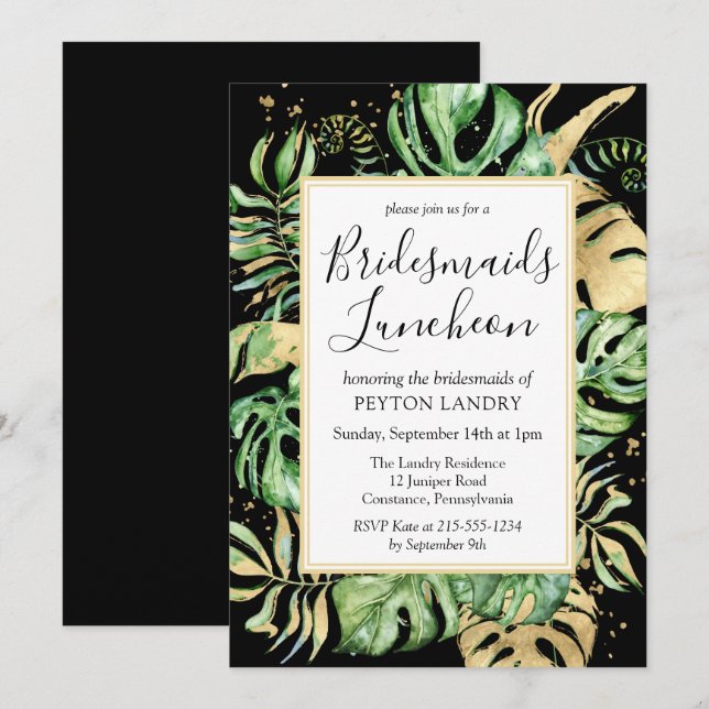 Invitation Déjeuner d'affaires Tropical Black & Gold Bridesma (Devant / Derrière)