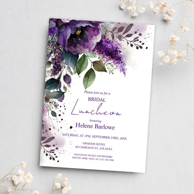 Invitation Déjeuner de Fête des mariées végétale violet (Botanical Purple Floral Bridal Shower Luncheon Invitation)