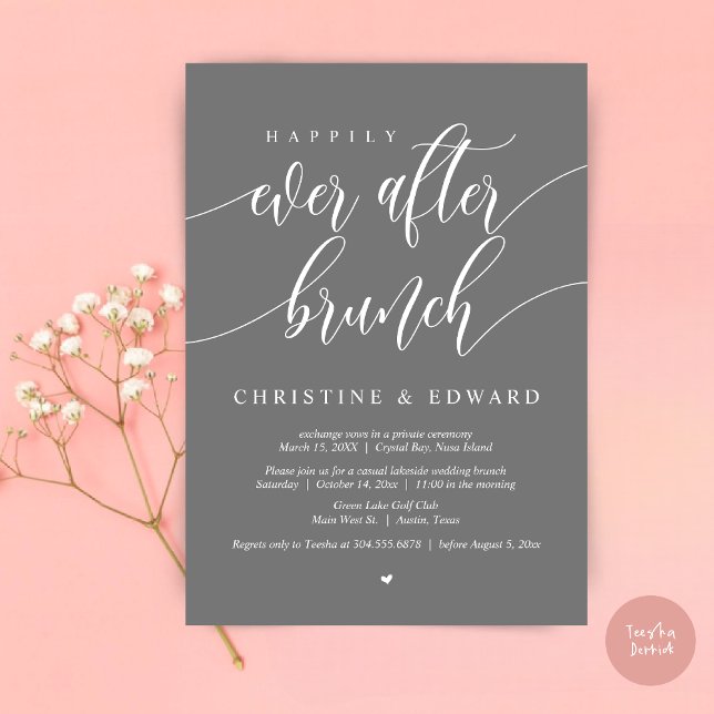 Invitation Déjeuner de Fuite Mariage Happily Ever After, Gris (Happily Ever After Elopement Brunch Invitation Card, Post-wedding, PDF, in Dark Grey)