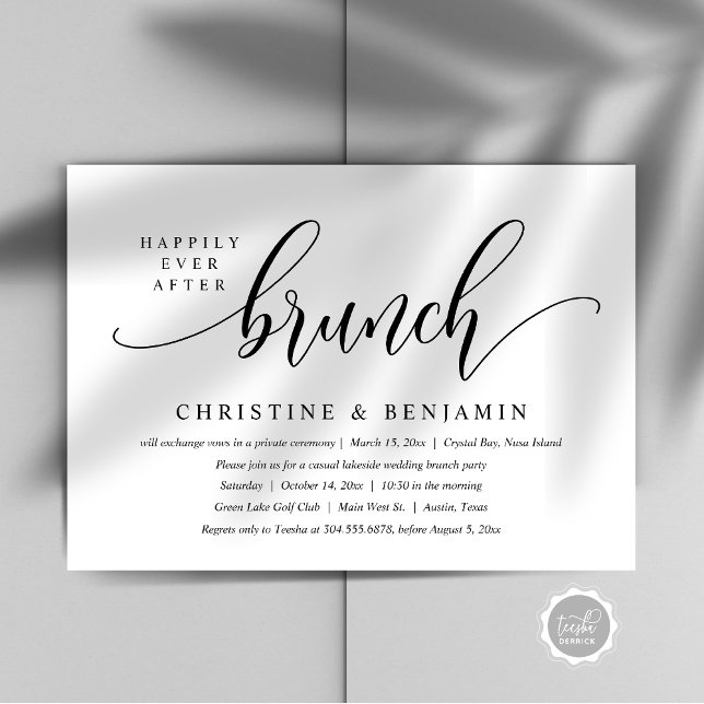 Invitation Déjeuner de Fuite Romantique 'Heureux Pour Toujour (Happily Ever After Brunch Party, Modern Script Invitation card, Printed and or digital download)