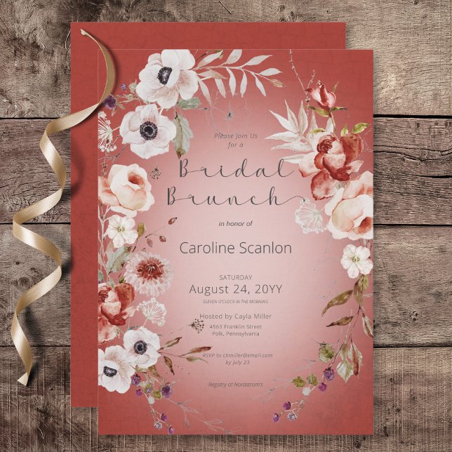 Invitation Déjeuner de mariage floral rose rouge romantique (Romantic Rose Red Floral Bridal Brunch Invitation)