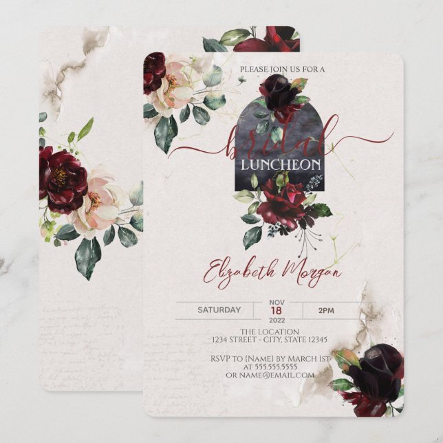Invitation Déjeuner de mariée aux fleurs Roses de Bourgogne (Devant / Derrière)
