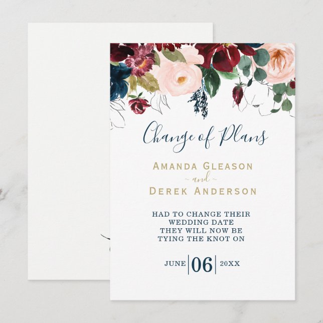 Invitation Déjeuner de mariée Burgundy, Rose et Bleu de minui (Devant / Derrière)