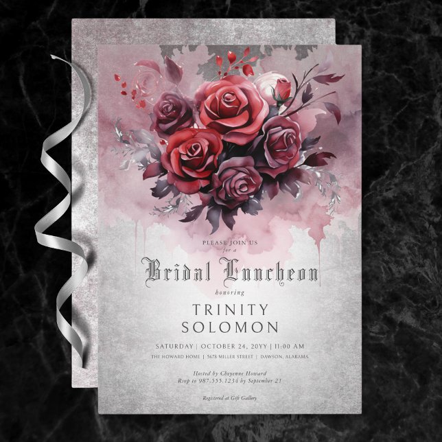 Invitation Déjeuner de mariée gothique noir et rouge rose flo (Gothic Black & Red Rose Floral Bridal Luncheon Invitation)