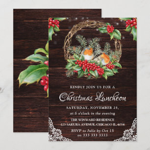 Invitation Déjeuner de Noël Rustique Robins & Holly Wreath