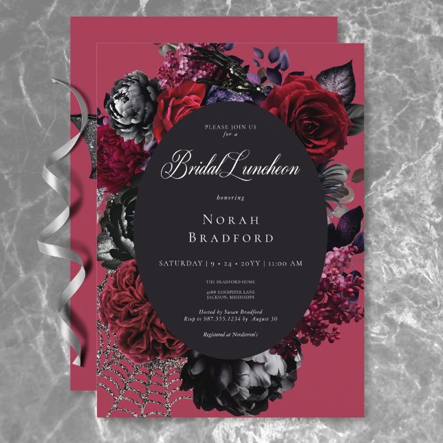 Invitation Déjeuner de nuptiale rouge florale d'Halloween fon (Dark Halloween Glam Floral Red Bridal Luncheon Invitation)