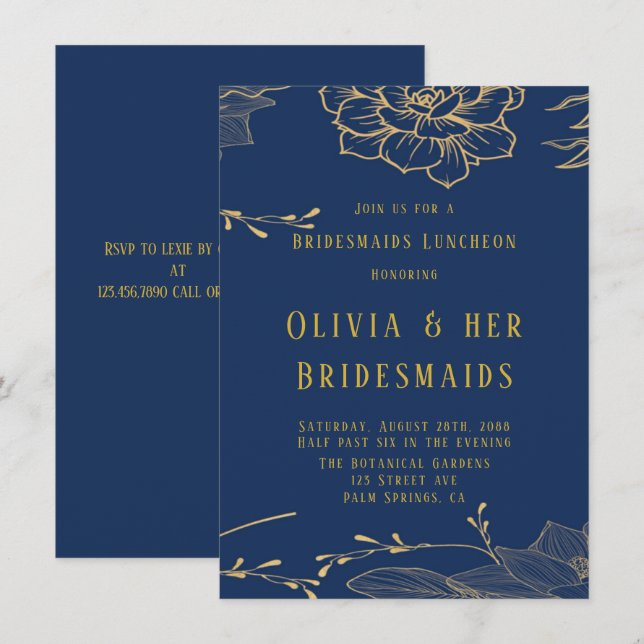 Invitation Déjeuner des Bridesmaids Classy Navy Blue Gold Rac (Devant / Derrière)