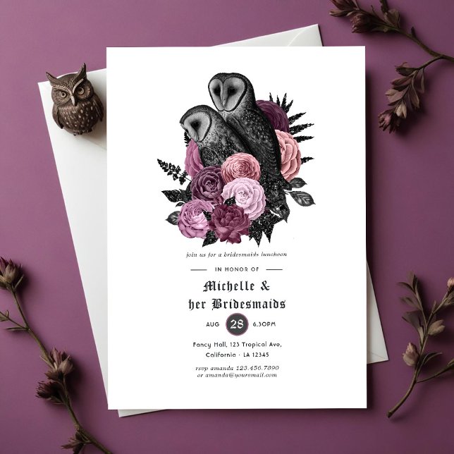 Invitation Déjeuner des filles d'honneur gothique de Chouette (Mauve Floral Owls Gothic Bridesmaids Luncheon Invitation)