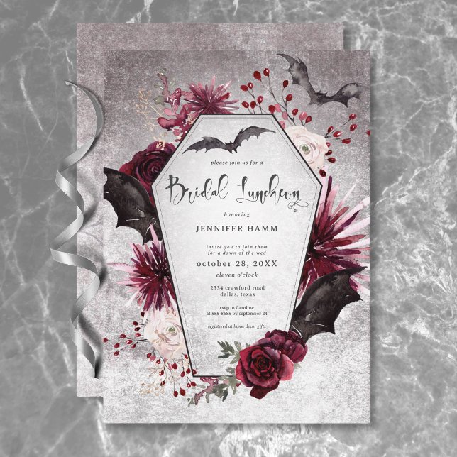 Invitation Déjeuner Éffrayant gothique noir et bordeaux (Gothic Black & Burgundy Spooky Bridal Luncheon Invitation)
