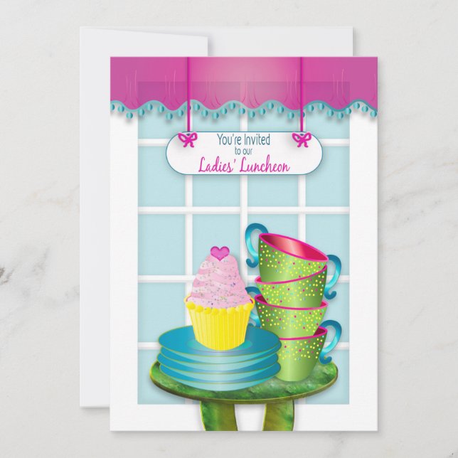 Invitation Déjeuner féminin, tasses à thé, assiettes et gâtea (Devant)