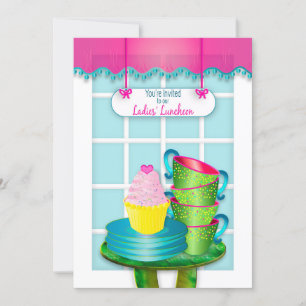 Invitation Déjeuner féminin, tasses à thé, assiettes et gâtea