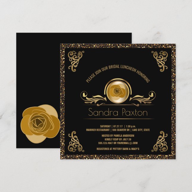 Invitation Déjeuner nuptial Black Gold| Fête de l'mariée Mari (Devant / Derrière)