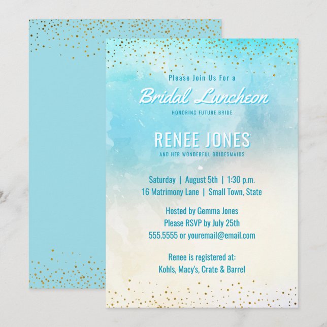 Invitation Déjeuner nuptial chic| Douche d'aquarelle bleue Tu (Devant / Derrière)