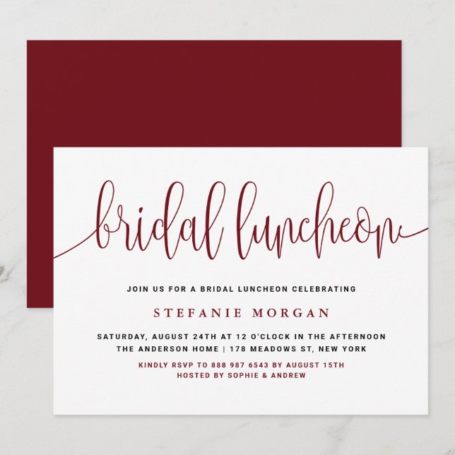 Invitation Déjeuner nuptial de Burgundy Pretty Calligraphy (Devant / Derrière)