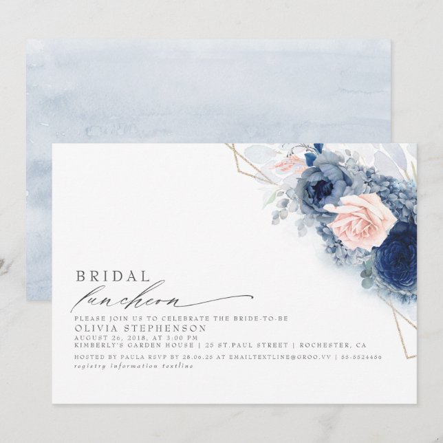 Invitation Déjeuner nuptial Dusty Fête des mariées bleue rose (Devant / Derrière)